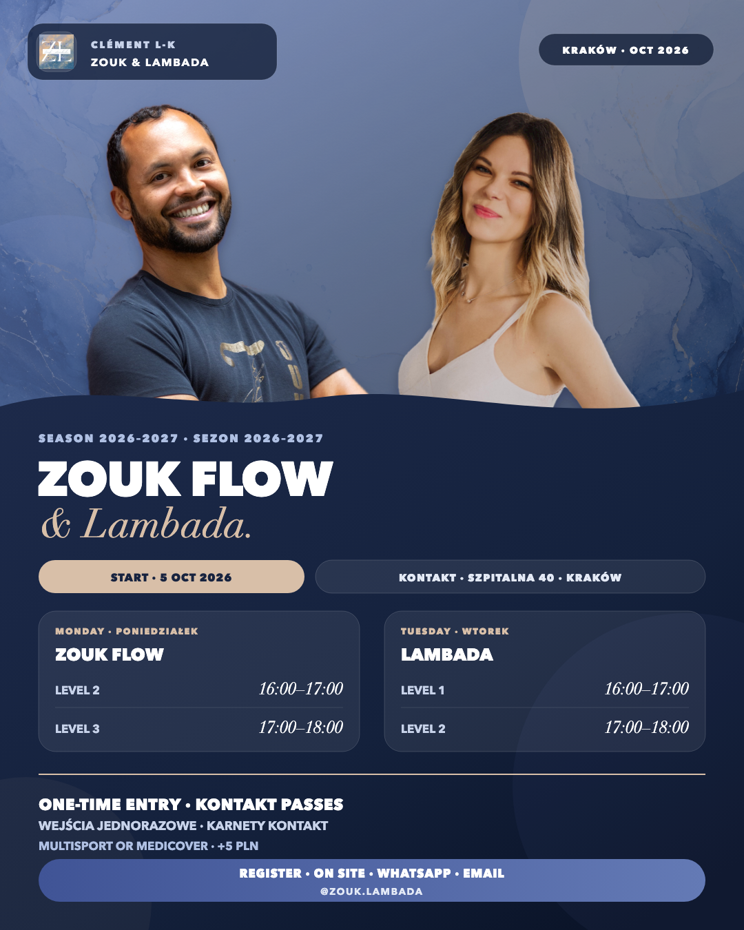 Affiche des cours réguliers Zouk Flow et Lambada à Kontakt Kraków