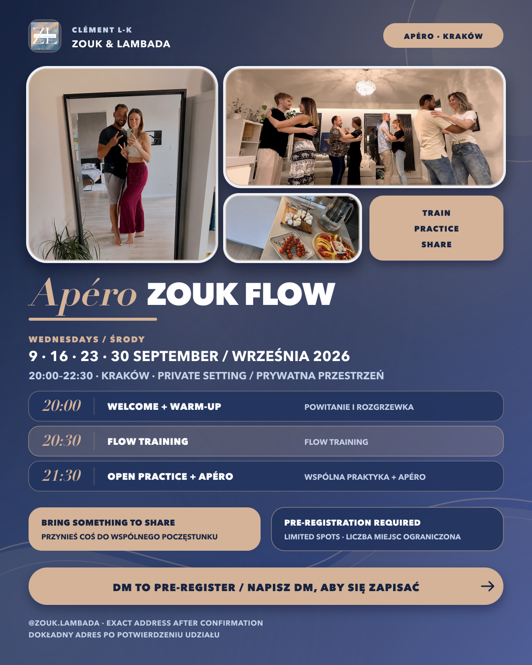 Flyer Apéro Zouk Flow des mercredis de septembre 2026 à Kraków